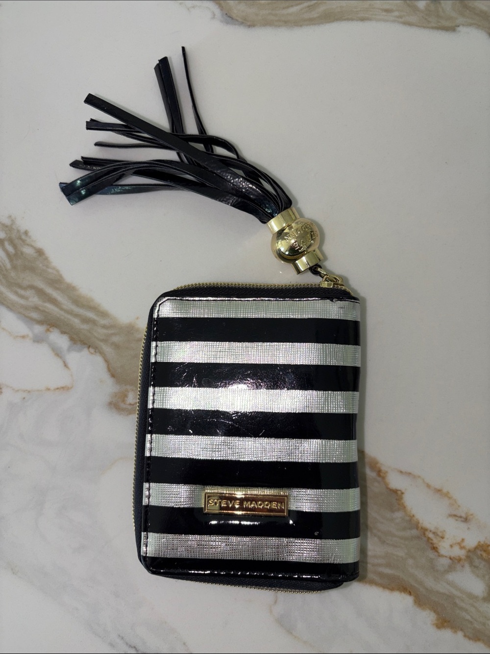 Steve Madden Black and Silver Striped Zip Wallet with Tassel Charm